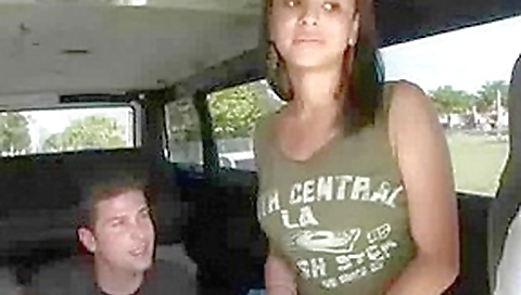 Stunning babe sitting topless in the BangBus Stunning babe sitting topless in the BangBus