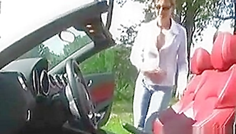 Squirting On A Cars Gear Shift Outdoors Squirting On A Cars Gear Shift Outdoors