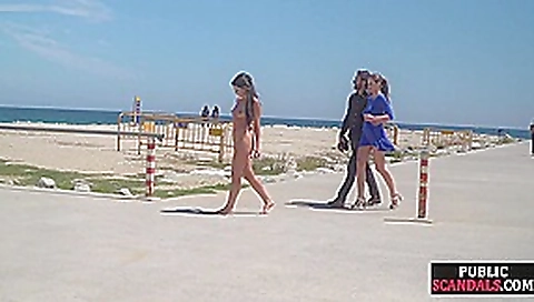Perky boobed attractive babe walks outdoor naked on beach