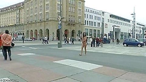 Long haired brunette walks naked in public in hd movie Long haired brunette walks naked in public in hd movie